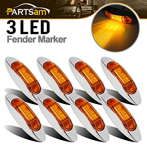 Partsam 8x Universal Waterproof Side Marker Light 3 LEDs Amber Lens w Chrome Housing for Truck Trailer RV Camper