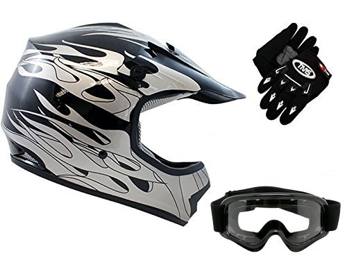 TMS Youth Kids Black Flame Dirtbike Off-Road ATV Motocross Helmet MXGogglesGloves Large