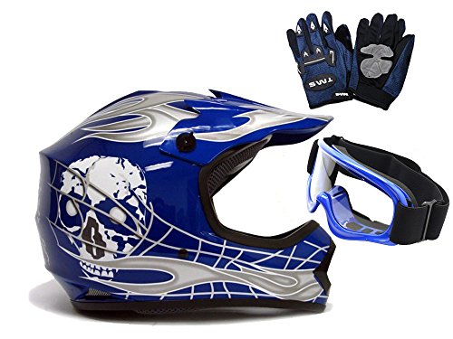 TMS Youth BlueSilver Skull Dirt Bike Motocross Helmet MXGogglesGloves~L